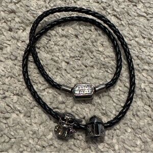 Pandora Star Wars black leather charm bracelet with Mandalorian and Grogu charms